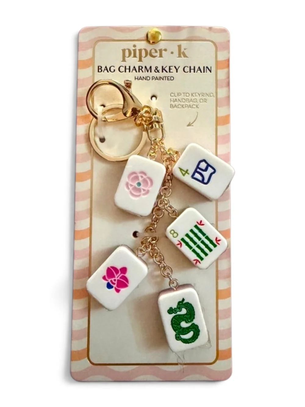 💛▪️Piper K ▪️ Gold-Chain Mahjong Tile Bag Charm with Pink, Green & Blue Accents